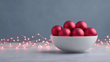 A serene composition featuring red Christmas ornaments in a white bowl, enhanced by soft glowing lights in the background, perfect for holiday-themed visuals.の素材