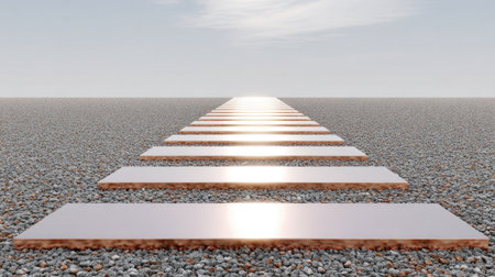 A serene and reflective pathway made of reflective slabs on a gravel surface, under a bright sky with soft clouds. Ideal for themes of minimalism and tranquility.の素材