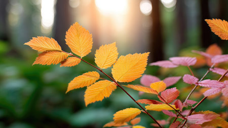 A stunning close-up of vibrant autumn leaves in shades of yellow and orange, illuminated by soft sunlight filtering through a lush forest backdrop. Perfect for nature themes.の素材