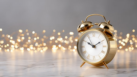 This image features an elegant gold alarm clock placed on a marble surface, beautifully highlighted by a soft, blurred sparkling background. Perfect for themes of time and relaxation.の素材