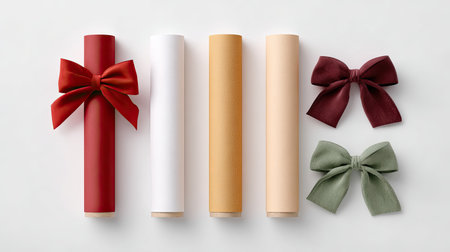 A collection of elegant wrapping paper rolls in various colors, complemented by decorative bows, perfect for creative gift giving and festive occasions.の素材
