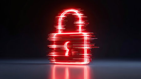 A striking digital lock icon illuminated in red light, displaying motion blur effects. This image symbolizes security, protection, and technology in a modern style.の素材
