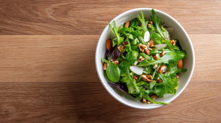 A vibrant and healthy bowl of fresh green salad topped with crunchy almonds and sliced vegetables, perfect for nutritious meals and snacks.の素材