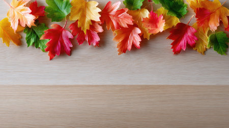 A vibrant arrangement of colorful maple leaves in shades of red, orange, and green on a light wood background, perfect for seasonal decor or nature photography.の素材