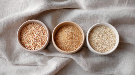 Three small bowls filled with different quinoa varieties are arranged on a soft linen fabric. The natural colors and textures create a rustic and inviting kitchen atmosphere.の素材