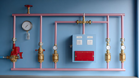A detailed view of an industrial pipe system featuring valves, gauges, and a control panel against a blue wall, showcasing plumbing technology and design.の素材