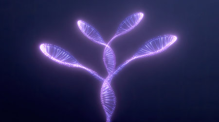 This image showcases an abstract representation of DNA structure, featuring glowing elements and organic branches, perfect for technology and science themes.の素材
