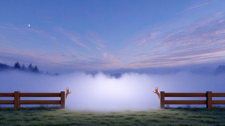 Ethereal hands emerge from thick mist between rustic wooden fences at twilight, creating a mystical scene that invites exploration and wonder in a serene landscape.の素材