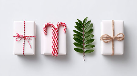A minimalist arrangement showcasing beautifully wrapped gift boxes, vibrant candy canes, and fresh green leaves, symbolizing holiday joy and festive spirit.の素材