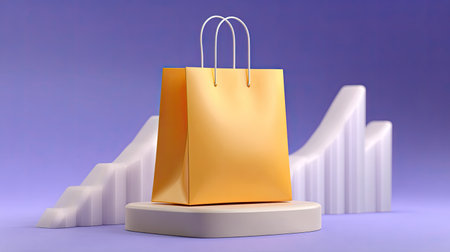 A vibrant yellow paper bag is elegantly placed on a round base, surrounded by abstract shapes against a soft gradient background, perfect for retail presentations.の素材