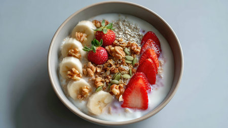 A vibrant breakfast bowl featuring creamy yogurt topped with fresh bananas, juicy strawberries, crunchy granola, walnuts, and oats for a nutritious meal.の素材