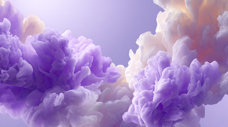 Explore an enchanting abstract composition of soft clouds in vibrant shades of purple and white, evoking feelings of tranquility and beauty for various creative projects.の素材