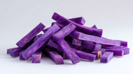 A vibrant pile of fresh purple sweet potato sticks showcases their unique color and healthy properties, perfect for cooking or snacking on.の素材