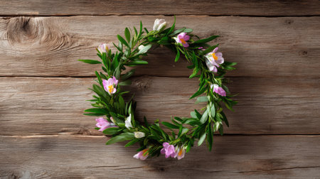 A beautiful floral wreath made of vibrant pink flowers and lush greenery, elegantly arranged on a rustic wood backdrop, perfect for seasonal decoration or home aesthetic.の素材