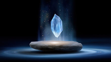 A stunning crystal floats gracefully above a stone surface, radiating a magical glow. Surrounding it is an ethereal light, enhancing its enchanting allure in this captivating scene.の素材