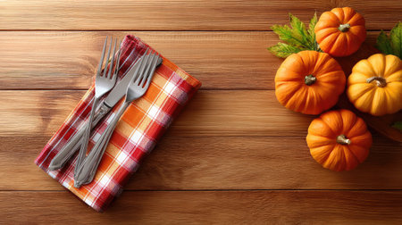 This cozy autumn table setting features forks on a checkered napkin beside fresh mini pumpkins. Perfect for seasonal gatherings and festive meals.の素材