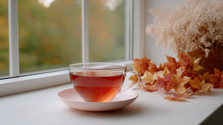 Enjoy a warm cup of tea by the window, surrounded by vibrant autumn leaves. This cozy scene invites tranquility and relaxation amidst seasonal beauty.の素材