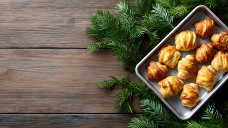 A tray of freshly baked pastries sits on a rustic wooden table, surrounded by vibrant greenery. Ideal for food lovers and festive occasions, showcasing warmth and comfort.の素材