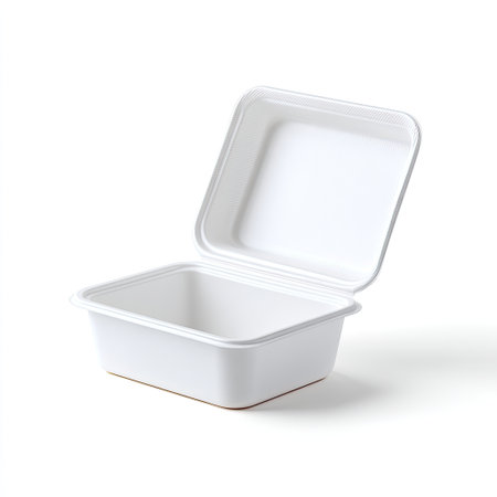 A versatile white plastic food container with a hinged lid, perfect for takeout meals and food storage. Ideal for restaurants, catering services, and meal prep.の素材