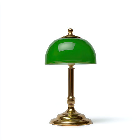 This elegant lamp features a striking green glass shade and a classic brass base, perfect for enhancing the ambiance of home or office spaces.の素材