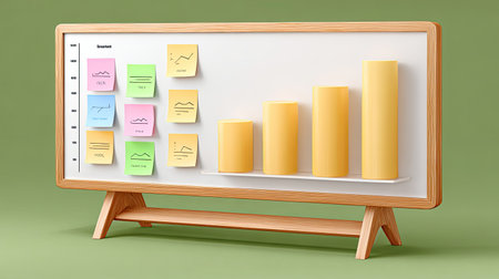 A vibrant representation of data visualization featuring yellow columns and colorful sticky notes on a chart, ideal for presentations and business planning.の素材
