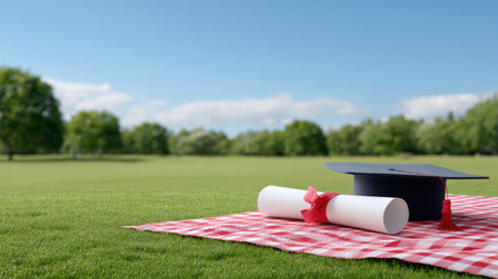 A serene outdoor graduation scene featuring a diploma and cap on a red picnic blanket. This image captures the joy and celebration of academic achievement in a vibrant green landscape.の素材