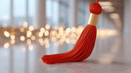 Beautiful red tassel delicately placed on a smooth marble surface, featuring a blurred background of warm lights, perfect for festive or elegant themes.の素材