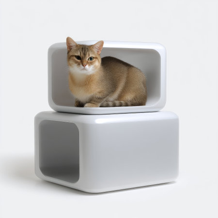 A stylish cat lounges comfortably in modern white furniture, showcasing a cozy and contemporary pet-friendly design, ideal for modern home interiors.の素材
