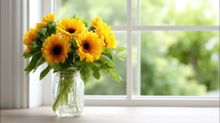 A charming arrangement of bright sunflowers in a jar, placed on a windowsill. The vibrant flowers stand out beautifully against a soft, blurred nature background, creating a serene and cheerful atmosphere.の素材