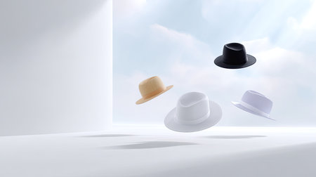 A visually striking image featuring colorful hats floating in a bright minimalist space, highlighting elegance and creativity in fashion design.の素材