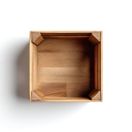 A top view of a wooden box showcasing unique corner joints. The empty interior highlights the natural wood grain and minimalist design on a white background.の素材