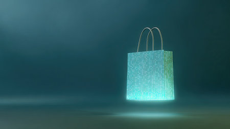 A modern shopping bag floats in a dark space, illuminated with digital lights. Its unique design merges technology and retail, creating a captivating visual experience.の素材