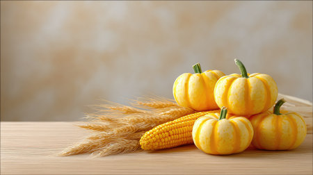 A beautiful autumn harvest arrangement featuring vibrant yellow pumpkins and ripe corn, complemented by golden wheat. Perfect for seasonal decoration.の素材