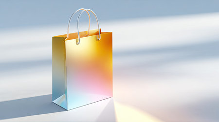 A striking shopping bag with an elegant gradient design stands alone on a minimalist surface, showcasing modern style and appealing colors, ideal for retail promotion.の素材