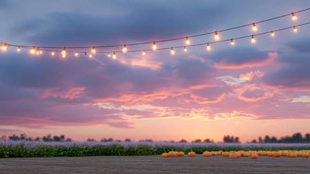 A charming sunset view over a pumpkin patch, adorned with glowing string lights and blooming flowers, creating a tranquil and vibrant outdoor scene.の素材