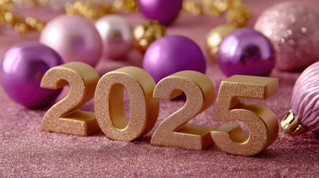 A stunning close-up of golden numbers 2025 surrounded by colorful ornaments in shades of pink and purple, perfect for celebrating the New Year and holiday cheer.の素材