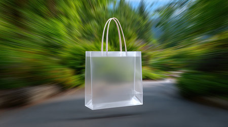 A clear shopping bag floats against a blurred nature backdrop, showcasing a modern and stylish design. Perfect for retail, eco-friendly, or fashion themes.の素材