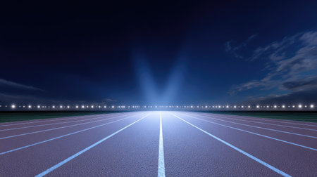 A futuristic view of an empty athletic track illuminated by dramatic lights under a night sky, emphasizing a serene competition atmosphere and dynamic perspective.の素材