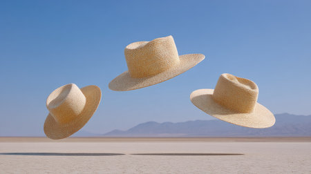 Three floating straw hats create a unique visual against a blue sky in a desert setting. Capture the essence of summer adventure and stylish outdoor fashion.の素材
