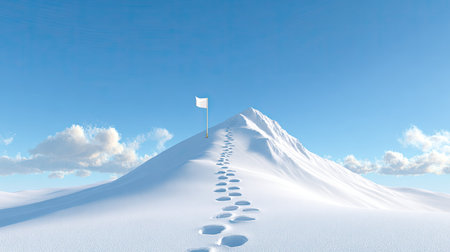A pristine landscape featuring a snow-covered mountain peak with a white flag. Footprints lead the way, symbolizing determination and a journey toward success.の素材