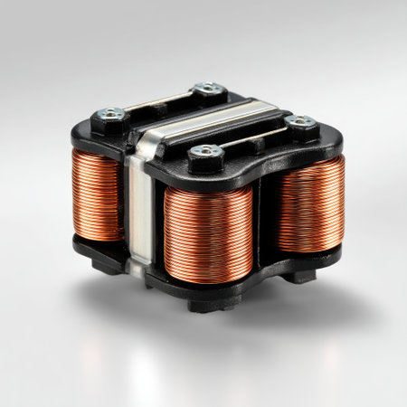 Close-up view of a black plastic housing electrical coil featuring copper windings, designed for use in various electronic devices and systems.の素材