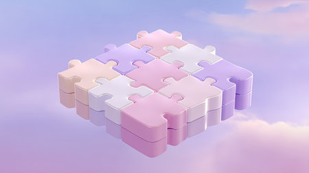 A visually appealing arrangement of pastel puzzle pieces on a cloud-filled background, perfect for themes of creativity, connection, and playful design.の素材