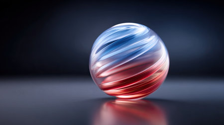 A striking glass sphere features a beautiful swirling pattern in red and blue colors, reflecting light sharply against a dark backdrop, creating an elegant focal point.の素材