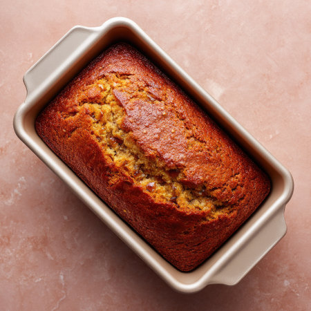 A beautifully baked loaf resting in a cream-colored pan, showcasing a golden-brown crust. Ideal for recipes, food photography, and baking inspiration.の素材