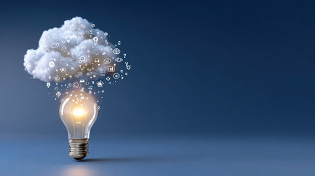 A visually striking representation of creativity, featuring a light bulb emitting ideas from a cloud above, filled with digital symbols and icons.の素材