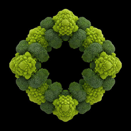 A stunning circular arrangement of fresh green broccoli and romanesco on a black background, showcasing intricate textures and vibrant colors, perfect for culinary or health-themed projects.の素材
