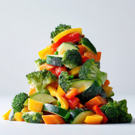 This vibrant collection of freshly cut vegetables is perfectly arranged on a white background. Ideal for promoting healthy eating, cooking, and meal prep ideas.の素材