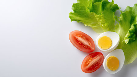 Bright and fresh combination of lettuce, tomato slices, and boiled eggs showcasing essential ingredients for a nutritious meal. Ideal for colorful dishes.の素材