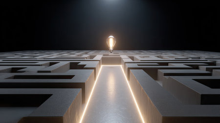 A single glowing light bulb stands at the center of an intricate maze, representing inspiration and problem solving amidst a darkened backdrop, highlighting creativity and exploration.の素材