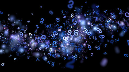 A mesmerizing abstract image showcasing a dynamic flow of numeric digits against a cosmic backdrop, filled with glowing stars and vibrant colors.の素材